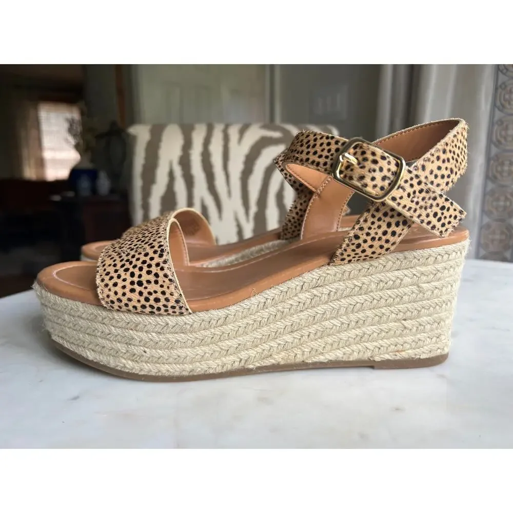 NWOT J Crew Leather Calf Hair Leopard Print Platform Wedges Espadrille Sandals